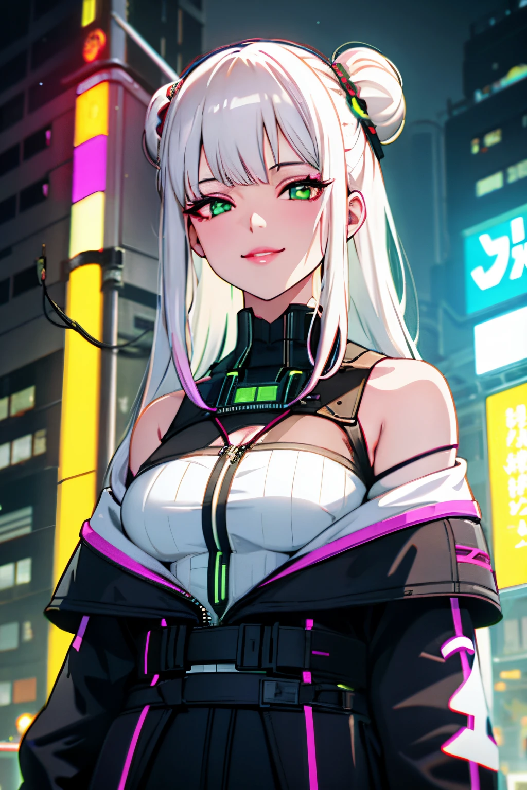 1girl, solo, white hair, hair in two buns, barcode, looking at viewer, lips, chromatic aberration, alluring smirk, long hair, upper body, off shoulder, android, shirt, cyberpunk, glowing green eyes,science fiction, cable,neon lights,(cyberpunk:1.2), looking over shoulder