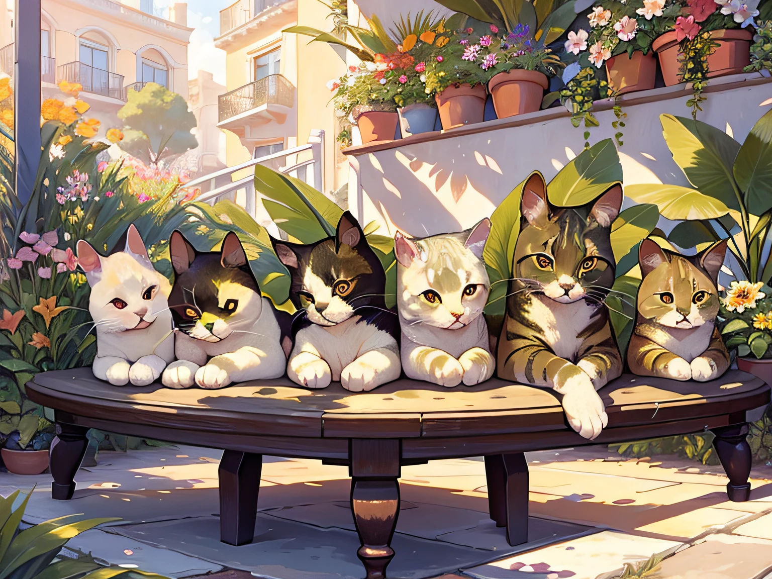 life surrounded by cats, sunbathing on the terrace, Colorful flowers, (best composition), (masutepiece), (Best Quality), (ultra high detail)