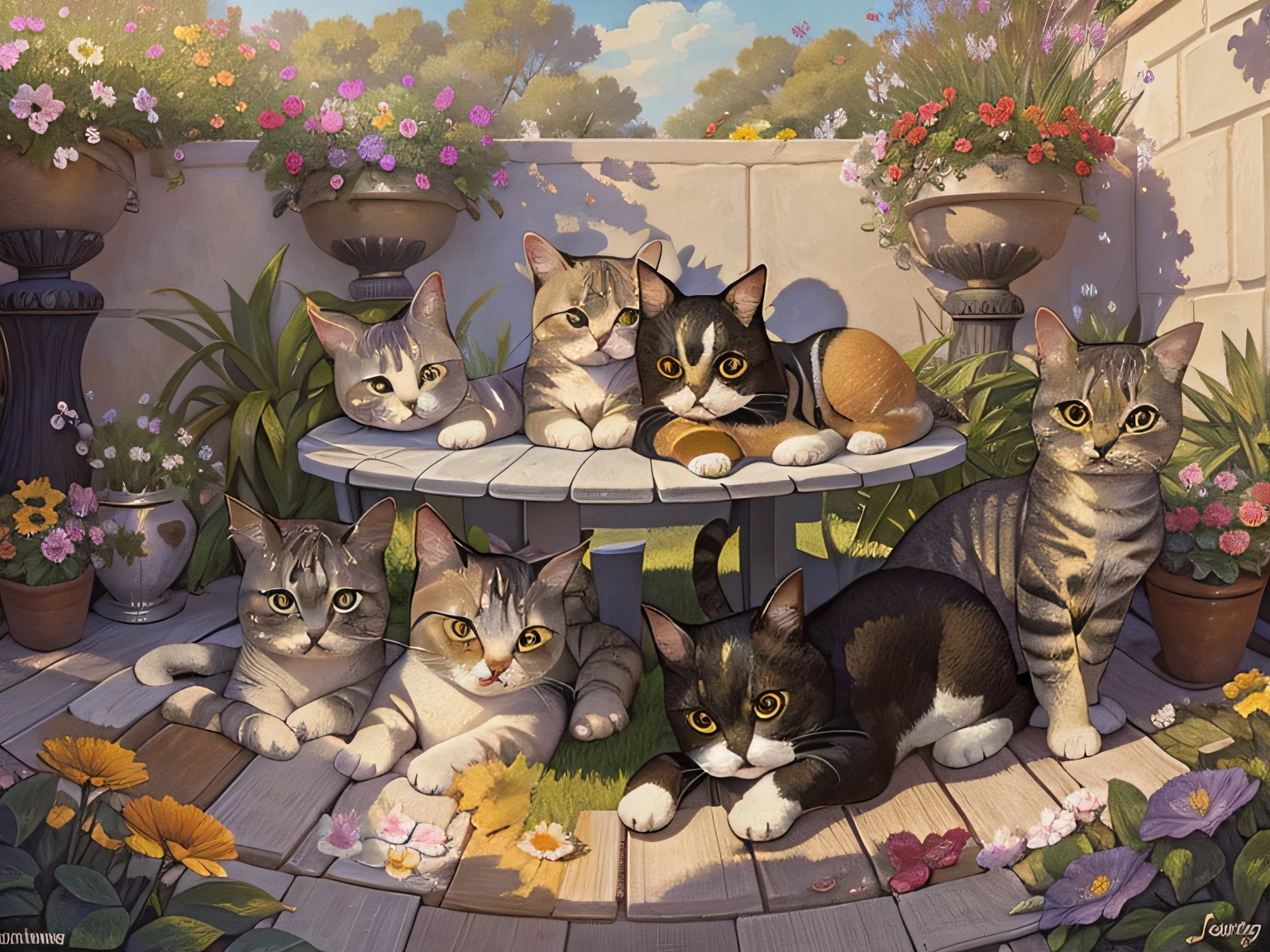 life surrounded by cats, sunbathing on the terrace, Colorful flowers, (best composition), (masutepiece), (Best Quality), (ultra high detail)