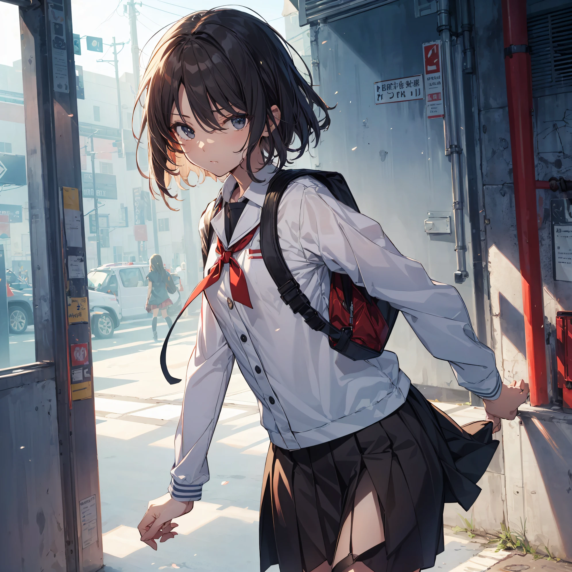 of the highest quality, anime moe art style,Best Anime 8K Konachan Wallpapers,Pixiv Contest Winner,Badass Anime 8K,Perfect Anatomy, (Draw a girl sleepily walking to school. ),BREAK, 1girl in, (Solo,Lori,child,13years:1.3),a junior high school student, Androgynous attraction, (Very short hair),hair messy, Full limbs, complete fingers,flat chest, Small butt, groin, Small eyes,Precise black eyes,disgusted eye, School uniform, Skirt,On the way to school. BREAK,Ultra-detailed,High resolution,super detailed skin, Professional Lighting, (cool illustration:1.2),