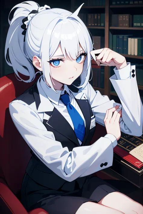 white hair, short ponytail, right blue eye, left white eye, white skin, scary eyes, chuckle, blood on cheek, suit with blue patt...