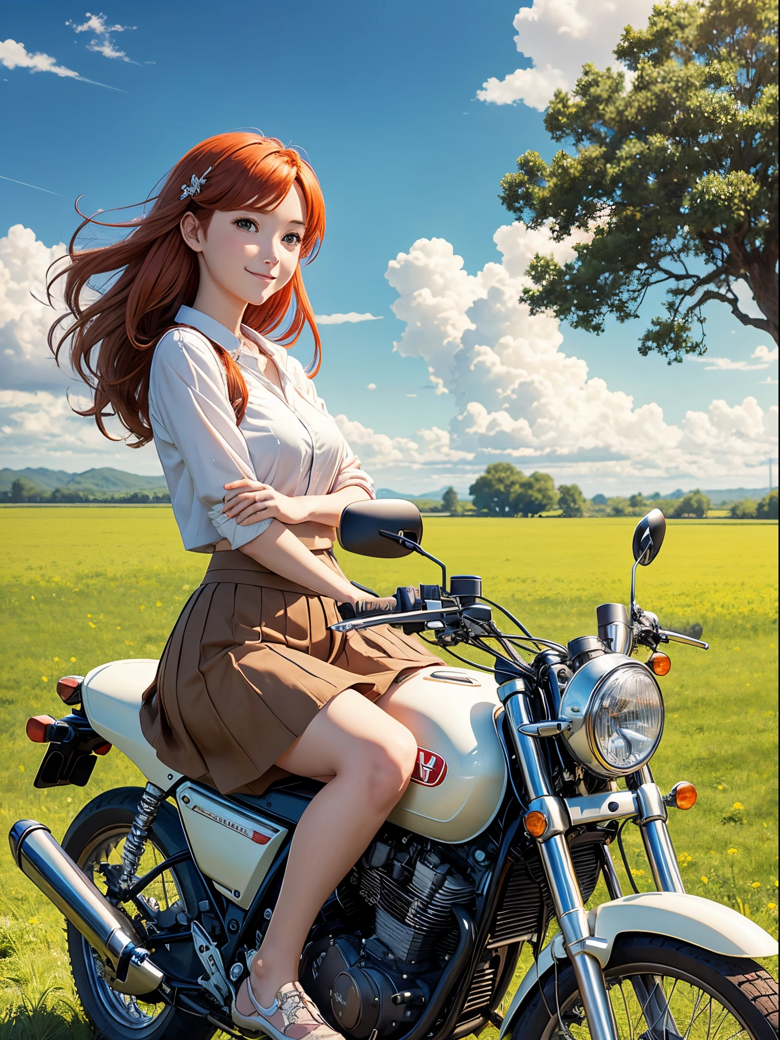 anime scene, summer field in day light, clear sky, puffy clouds, beautiful anime landscape, anime movie background, high quality desktop wallpaper, landscape wallpaper, from very distance under a tree, there is a pretty redhead girl, wearing short skirt, sitting on a old classic honda motorcycle facing smiling to the viewer