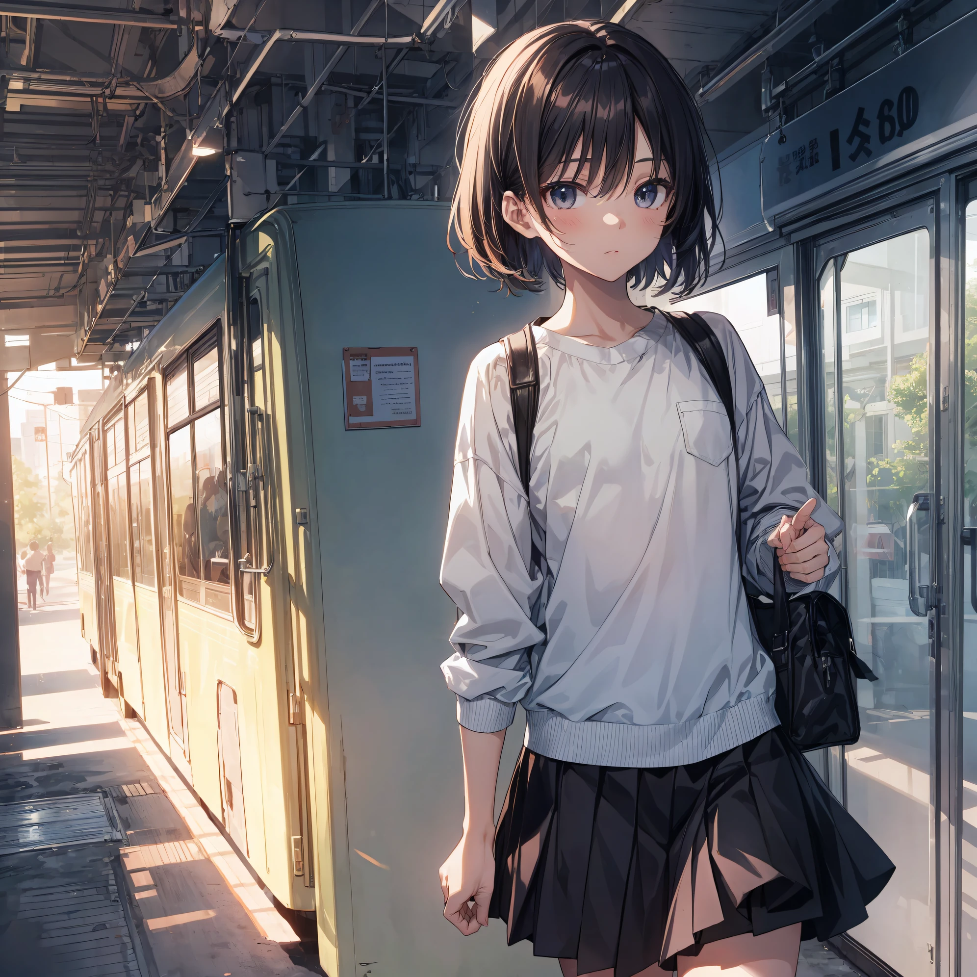 of the highest quality, anime moe art style,Best Anime 8K Konachan Wallpapers,Pixiv Contest Winner,Badass Anime 8K,Perfect Anatomy, (Draw a girl sleepily walking to school. ),BREAK, 1girl in, (Solo,Lori,child,13years:1.3),a junior high school student, Androgynous attraction, (Very short hair),hair messy, Full limbs, complete fingers,flat chest, Small butt, groin, Small eyes,Precise black eyes,disgusted eye, School uniform, Skirt,On the way to school. BREAK,Ultra-detailed,High resolution,super detailed skin, Professional Lighting,8k eye details, (cool illustration:1.2),