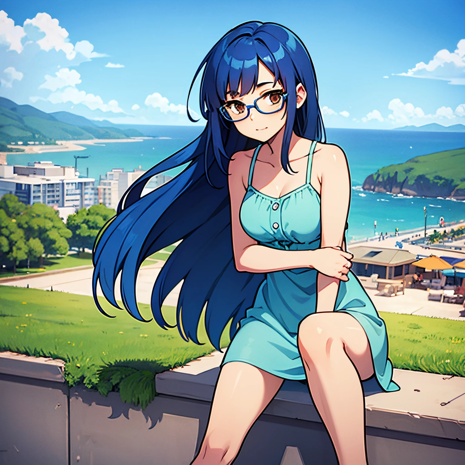 شعر أزرق, 1فتاة, فستان الشمس, مدينة ساحلية, نظارات, اعين بنية
