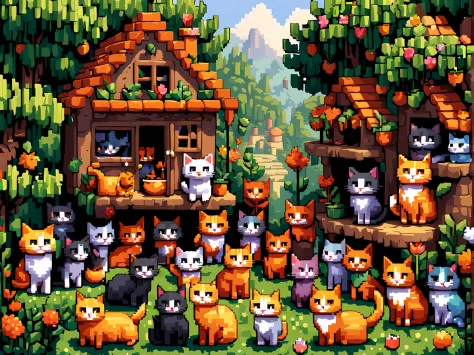 (pixel art:1.3), capture the heartwarming unity and pride of the anthropomorphic cat villagers in their lush greenery-filled vil...
