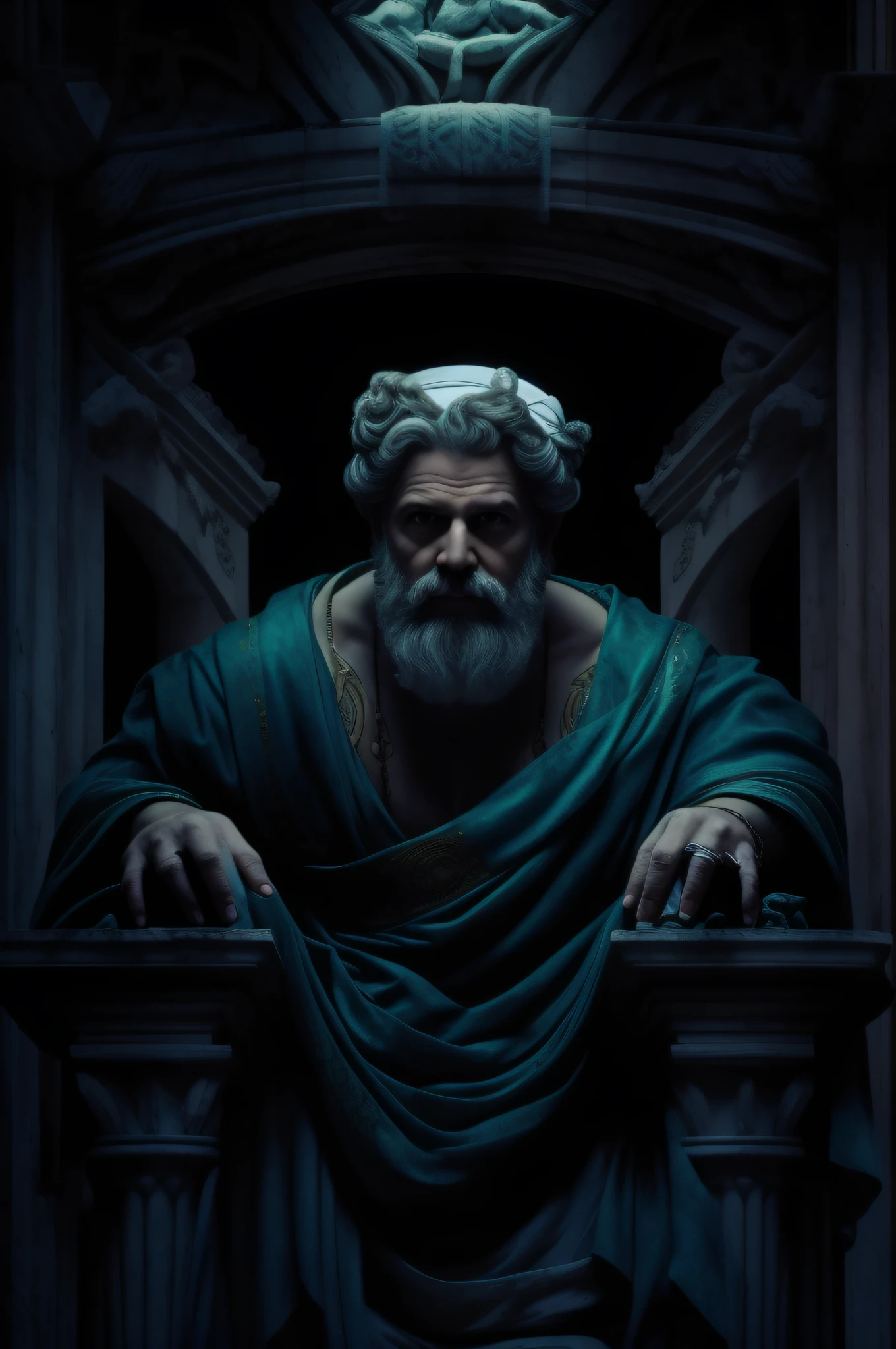 On his throne a Greek man, detailed wearing a ghostly toga, neutral background, Moody, , photorrealistic, thoughtful cinema, super detailed, hyper realist, glittering lights, 8 mil