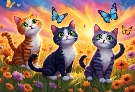 Cute Cartoon, CuteCartoonAF, (cute cartoon style:1.3), a group of playful and imaginative cats, their fur aglow with vibrant colors, bound through fields that defy the limits of imagination, each step they take sends ripples of magic through the air, transforming the landscape into a fantastical realm of wonder. sparkling stardust that illuminate the sky above, the fields they frolic in are filled with towering flowers of every hue, as the cats chase colorful butterflies that flit through the air, they leave behind traces of shimmering trails, painting the surreal scenery with their playful energy, against the backdrop of a dreamlike sky, this scene captures the whimsy and enchantment of these extraordinary cats as they frolic in the amazing fields beyond imagination