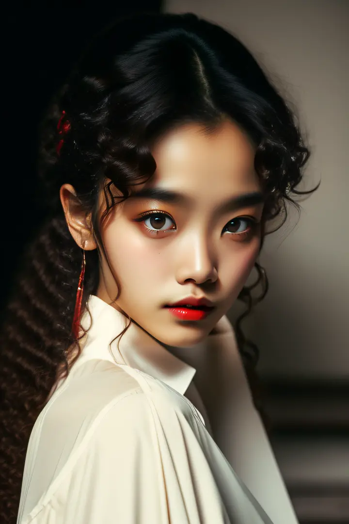 dark brown eyes,Red thick lips、long curly hair