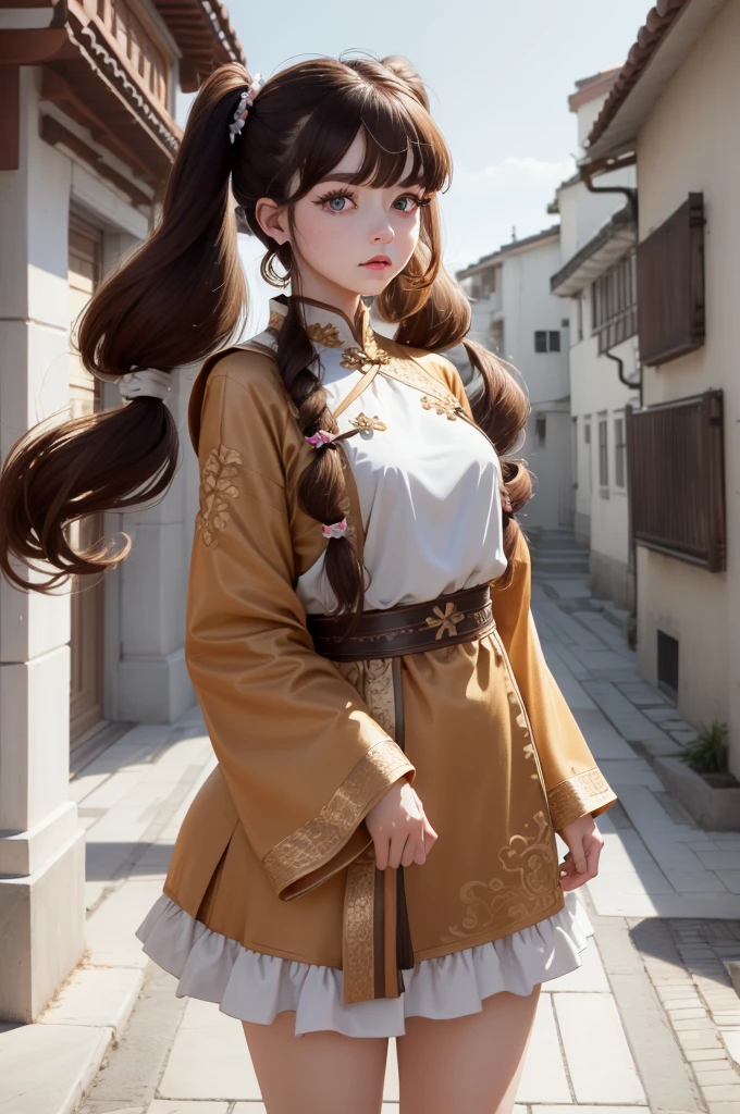 (best quality), (hyperrealistic), mh-yk, 1girl,  solo, brown hair, brown eyes, , long hair, chinese clothes, twintails, outdoor, hair rings, dress, jewelry, bangs