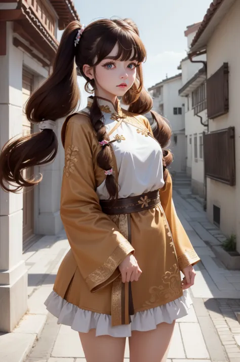 (best quality), (hyperrealistic), mh-yk, 1girl,  solo, brown hair, brown eyes, , long hair, chinese clothes, twintails, outdoor,...