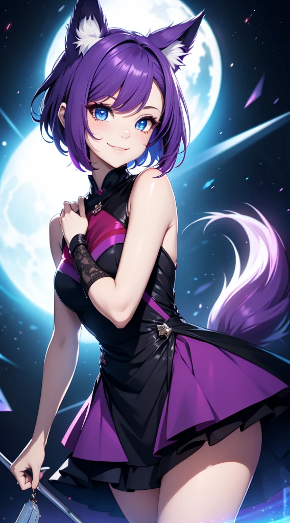 Fashionable girl, short purple hair, red strand, blue eyes, wolf ears and tail, black light beautiful dress, smile, masterpiece, high quality