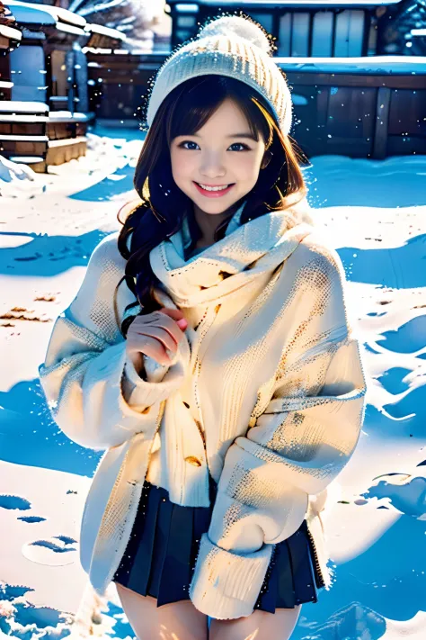 (Best Quality,4K,hight resolution,masutepiece:1.2),Ultra-detailed,Realistic,(nffsw,nffsw),girl,beige fluffy coat,beige wool gloves,Navy blue mini pleated skirt,Snow,Smiling,eyecontact,Portraits,Vivid colors,Winter scene,Soft lighting,Delicate snowflakes,Ch...