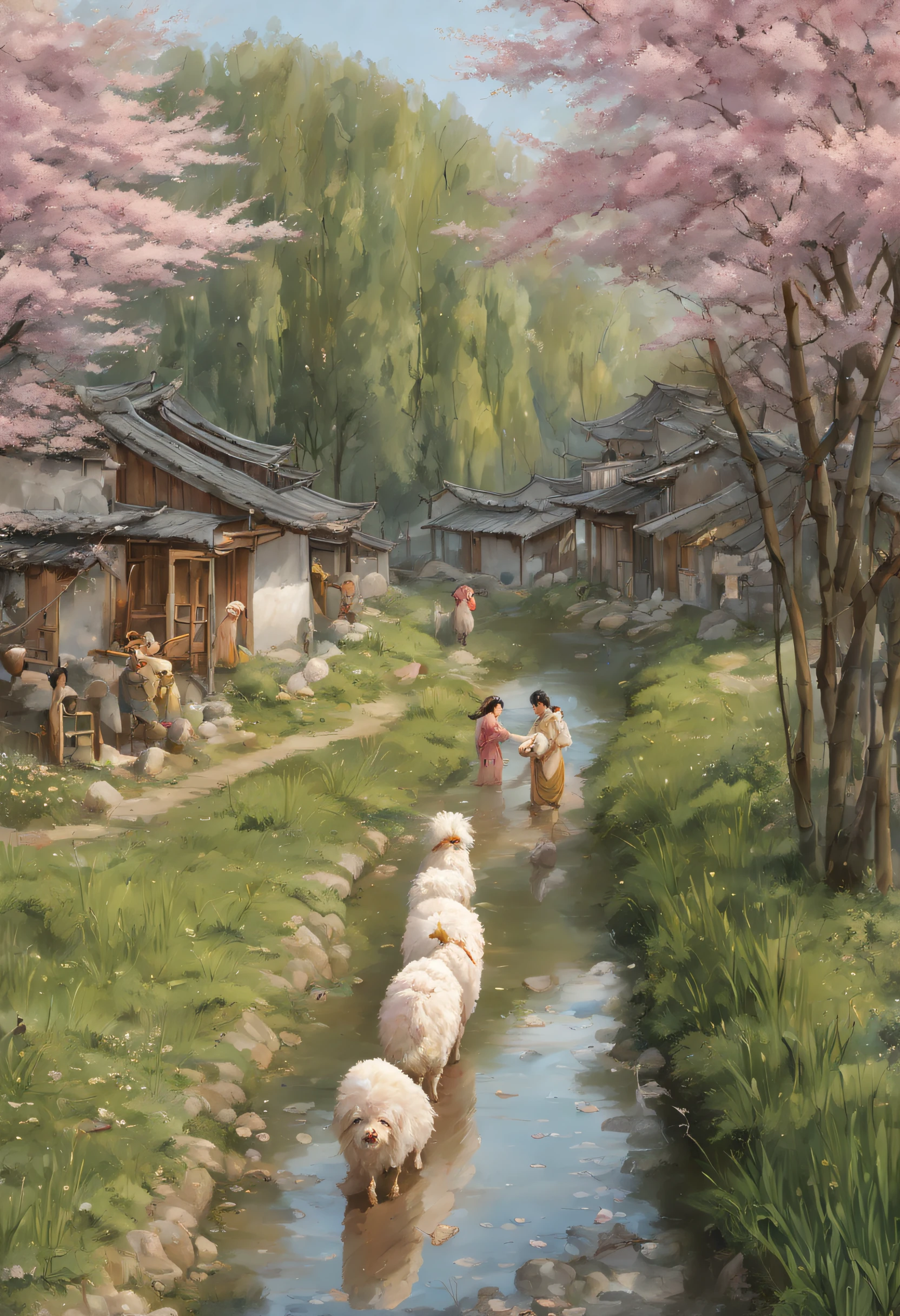 Both sides of the creek are covered with peach blossom trees，Fallen flowers scattered all over the ground，Neat rows of houses，、ponds，People are plowing the fields、saucepan, femele, The elderly and children are very happy，The flowers and plants in the bamboo forest are delicate and beautiful，Field paths intertwined，chicken、doggy