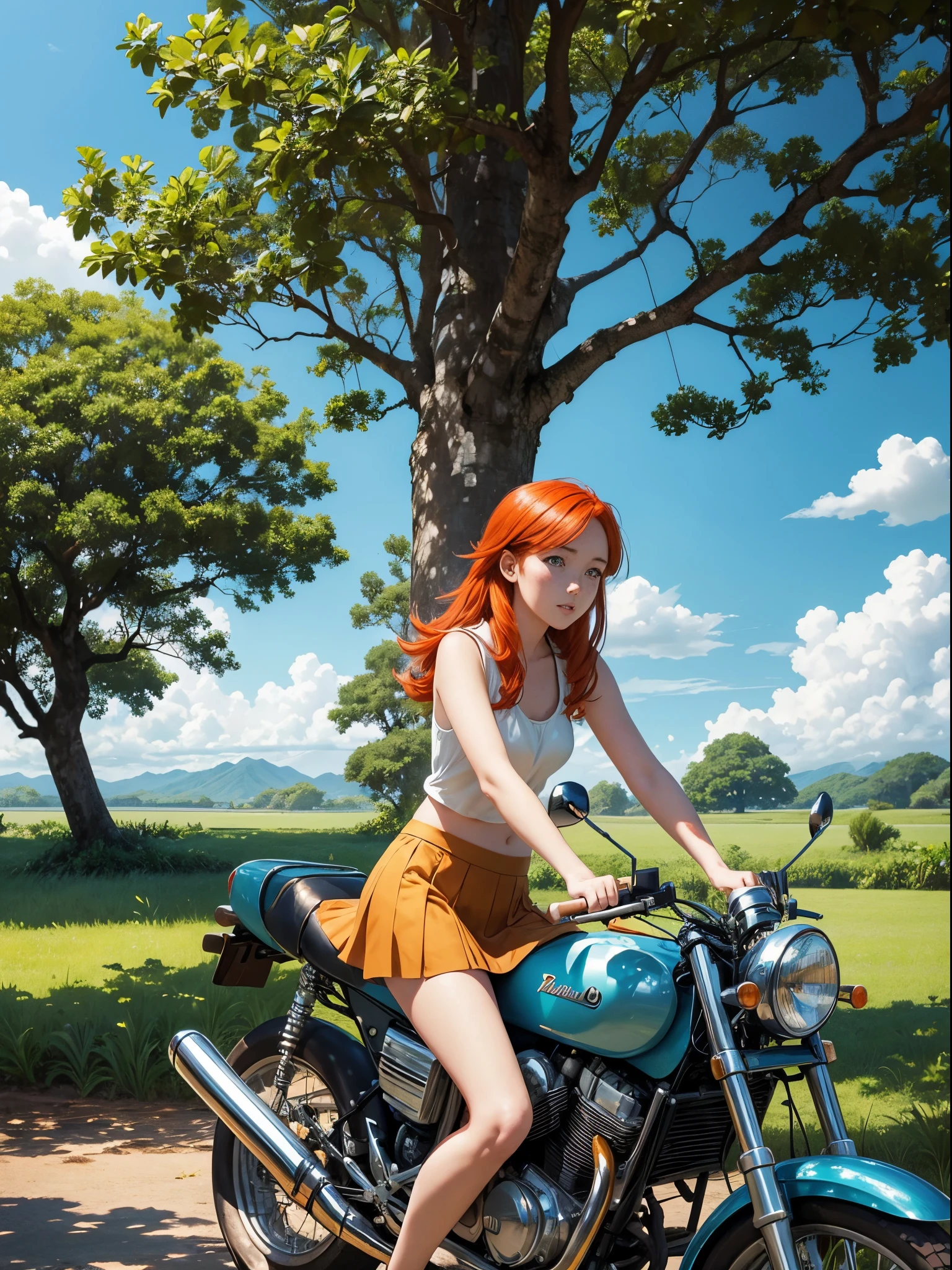 anime scene, tropical field in day light, clear sky, puffy clouds, beautiful anime landscape, anime movie background, high quality desktop wallpaper, landscape wallpaper, from very distance under teak tree, there is a pretty redhead pale girl, freckles skin, wearing short skirt, sitting on a old classic 70s motorcycle