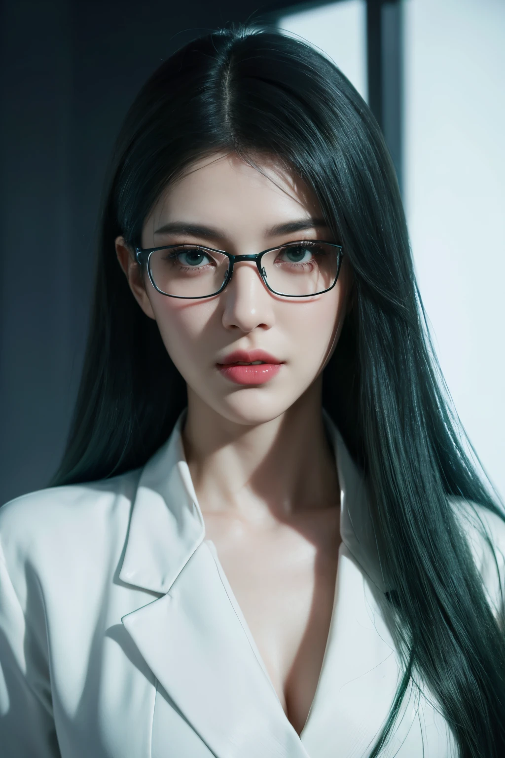 tmasterpiece,Best quality at best,A high resolution,8k,(portrait),(Close up of avatar),(RAW photogr),real photograph,digital photography,cyberpunk scientist,20-year-old girl,long whitr hair,with long bangs,(Dark green hair),Red eyes,(Black framed glasses),A plump chest,cleavage,Elegant and serious,Dressed in a white coat,clean clothes,Keep your mouth shut,Redlip,Brave and charming,The scholar,Photo pose,Sci-fi style laboratory,White room,oc render reflection texture