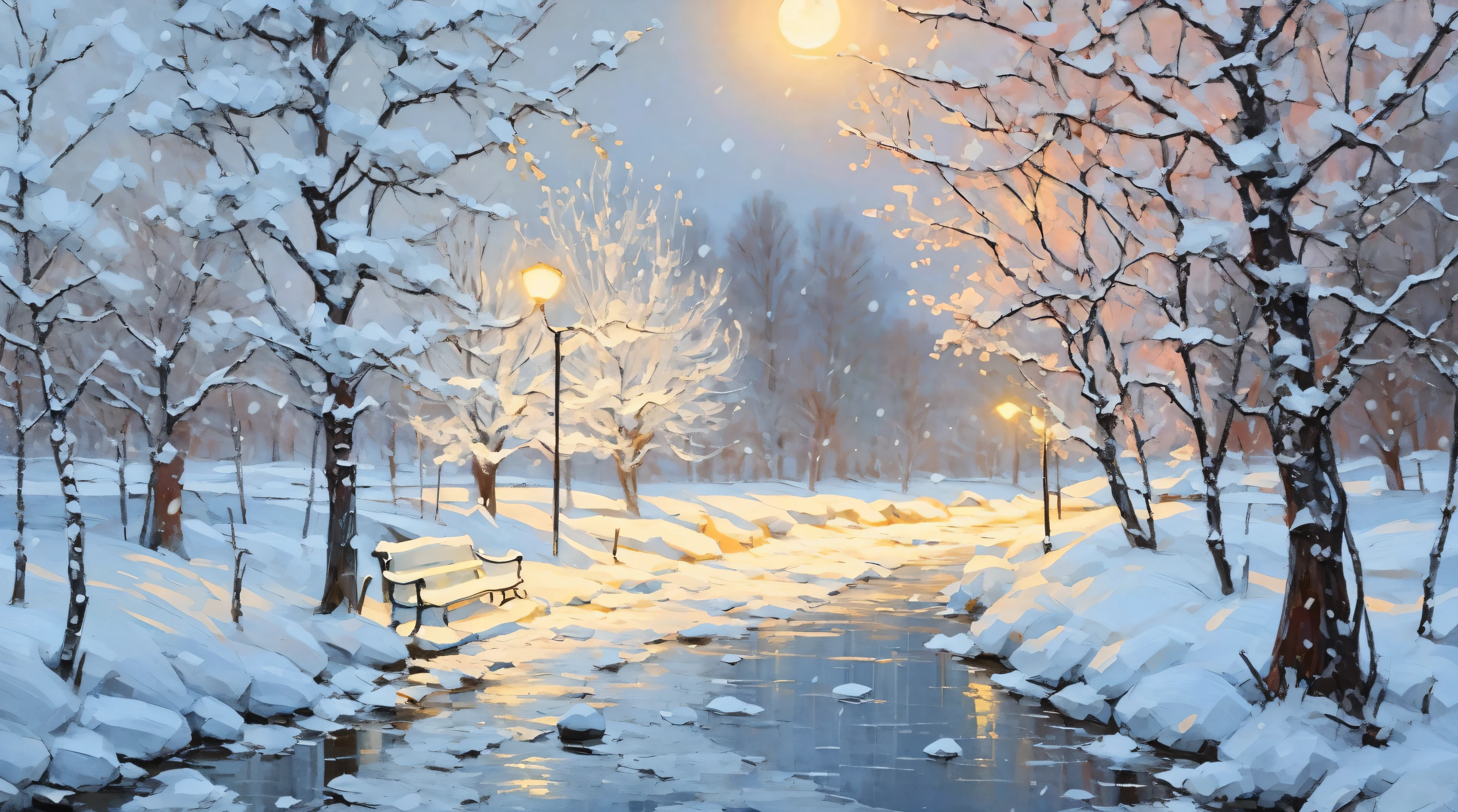 painting of a bench in a snowy park with a street light, winter painting, snowfall at night, painting of, inspired by Johann Berthelsen, by John Souch, by John Wollaston, in the winter, by John Gibson, by Jim Nelson, moonlight snowing, winter night, snowy night, in a snowy forest setting, winter in the snow
