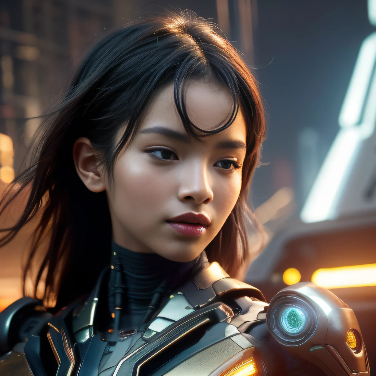 hot slave, close up, masterpiece , beautiful woman, perfect skin, metallic details, futuristic, glowing lights, highres, cyberpunk style, vibrant colors, advanced technology, sharp focus, spaceship background, confident expression, complex machinery, detailed wiring, robotic enhancements, Dazzling, Luminous, Gleaming, Brilliant, neon, Graceful, Ravishing, Passionate