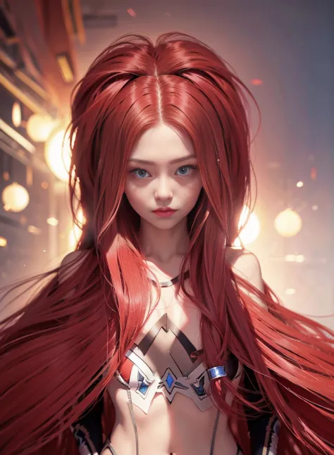 fluorescent red hair long hair，nice face，red bikinis，heterochromatic pupil，apathy，face expressionless，full body photo