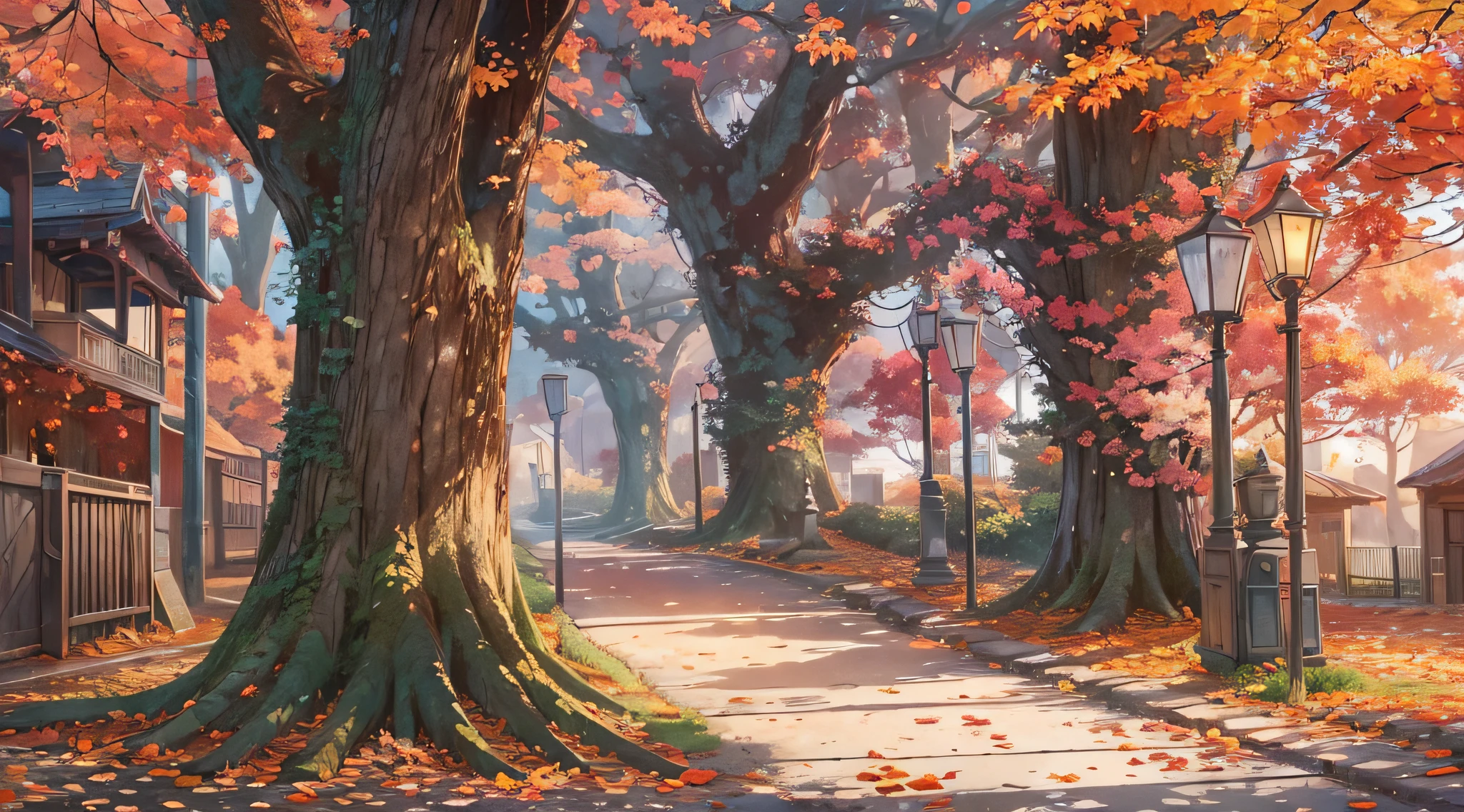 Anime scenery of a street lined with trees and a lamp post - SeaArt AI