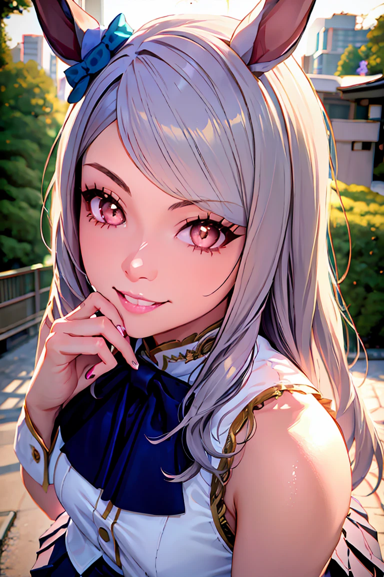 mejiro mcqueen \(umamusume\), mature female, gray eyes, eyeliner ,long eyelashes, makeup, eyeshadow, silver hair, streaked hair, extreamly long hair, (horse ears:1.2), (ear ornament), horse girl, (horse tail:1.2), (parted bang), (realistic:1.3), finely detailed, quality, rembrandt lighting, (masterpiece:1.2), (photorealistic:1.2), (best quality), (detailed skin:1.3), (intricate details), dramatic, ray tracing, 1girl, japanese girl, 21 years old, detailed skin texture, (blush:0.5), (goosebumps:0.5), subsurface scattering, smiling, small breasts, long hair, bangs, hair between eyes, gyaru, serafuku, pleated skirt, portrait shot, (outdoors, tokyo, street, bright sunny day),