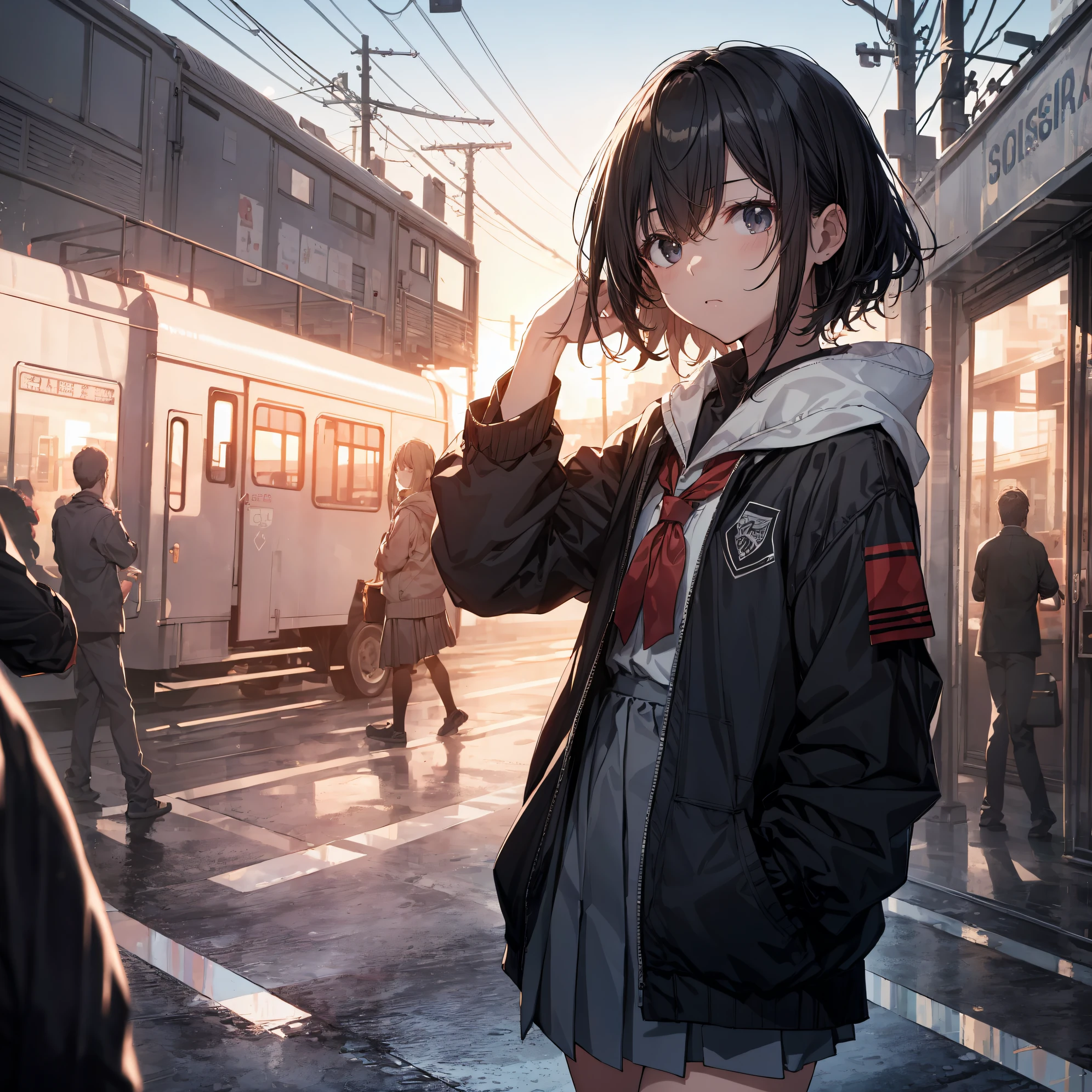 of the highest quality, anime moe art style,Best Anime 8K Konachan Wallpapers,Pixiv Contest Winner,Badass Anime 8K,Perfect Anatomy, (Draw a girl sleepily walking to school. ),BREAK, 1girl in, (Solo,Lori,child,13years:1.3),a junior high school student, Androgynous attraction, (Very short hair),hair messy, Full limbs, complete fingers,flat chest, Small butt, groin, Small eyes,Precise black eyes,disgusted eye, School uniform, Skirt,On the way to school. BREAK,Ultra-detailed,High resolution,super detailed skin, Professional Lighting,(cool illustration:1.2),