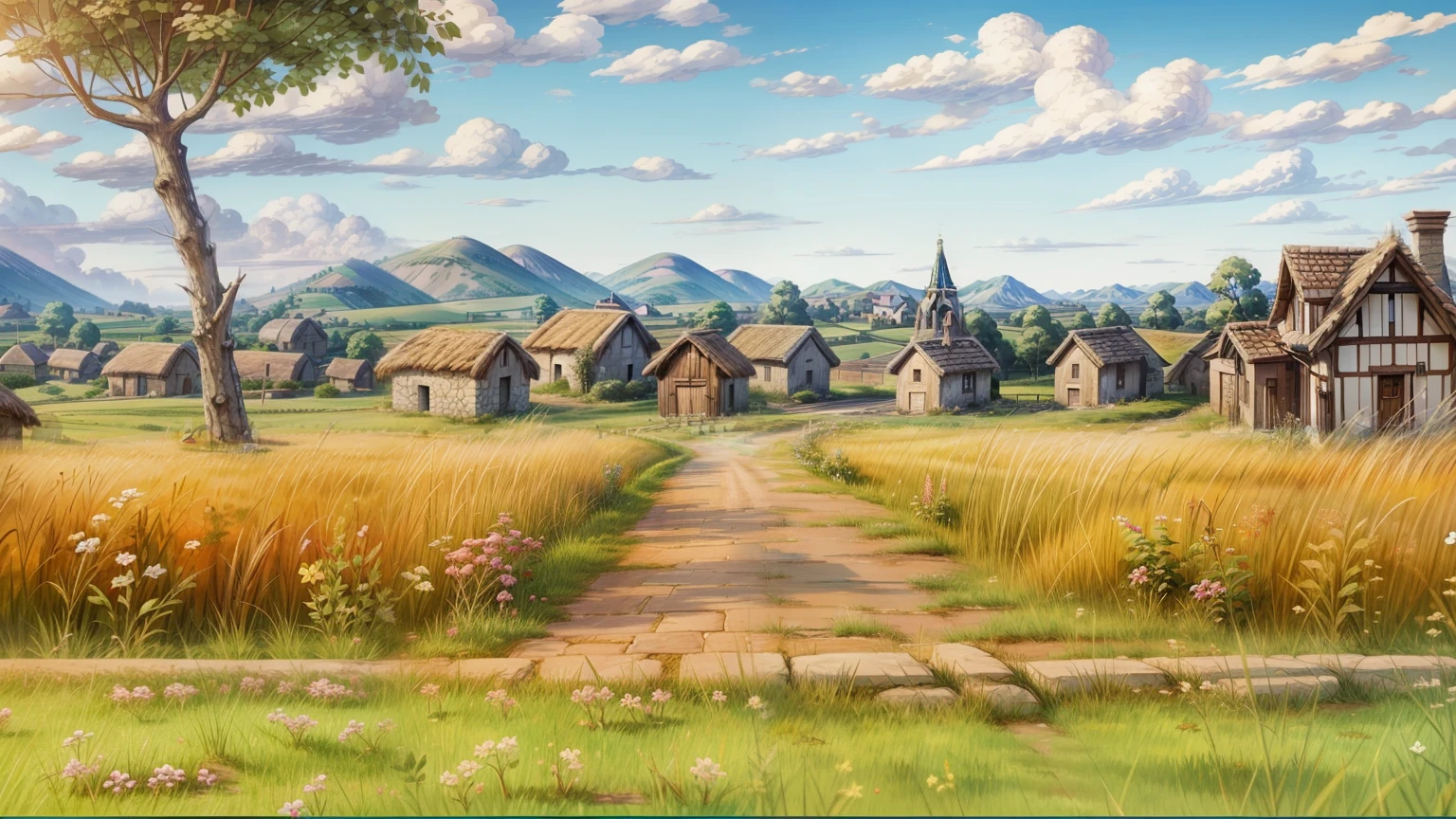 Pixar, 3d animation, 3d render, there is a painting of a rural village with a path through it, anime countryside landscape, distant village background, countryside, countryside city scene, background artwork, background art, anime background art, amazing background, anime scenery concept art, some houses in the background, scenery artwork, distant villagescape, scenery game concept art, beautiful digital painting, russian villages at background