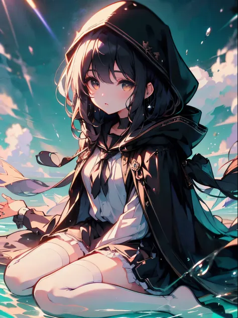 (Best quality at best, tmasterpiece:1.4), Extremely detailed 8K unified CG wallpaper, A high resolution, (style of anime, 2d ）Long black hair，schoolgirls，White eyes，Black-purple cloak，Wearing a hood，sitting on water，white stockings，floating aqua droplets，m...