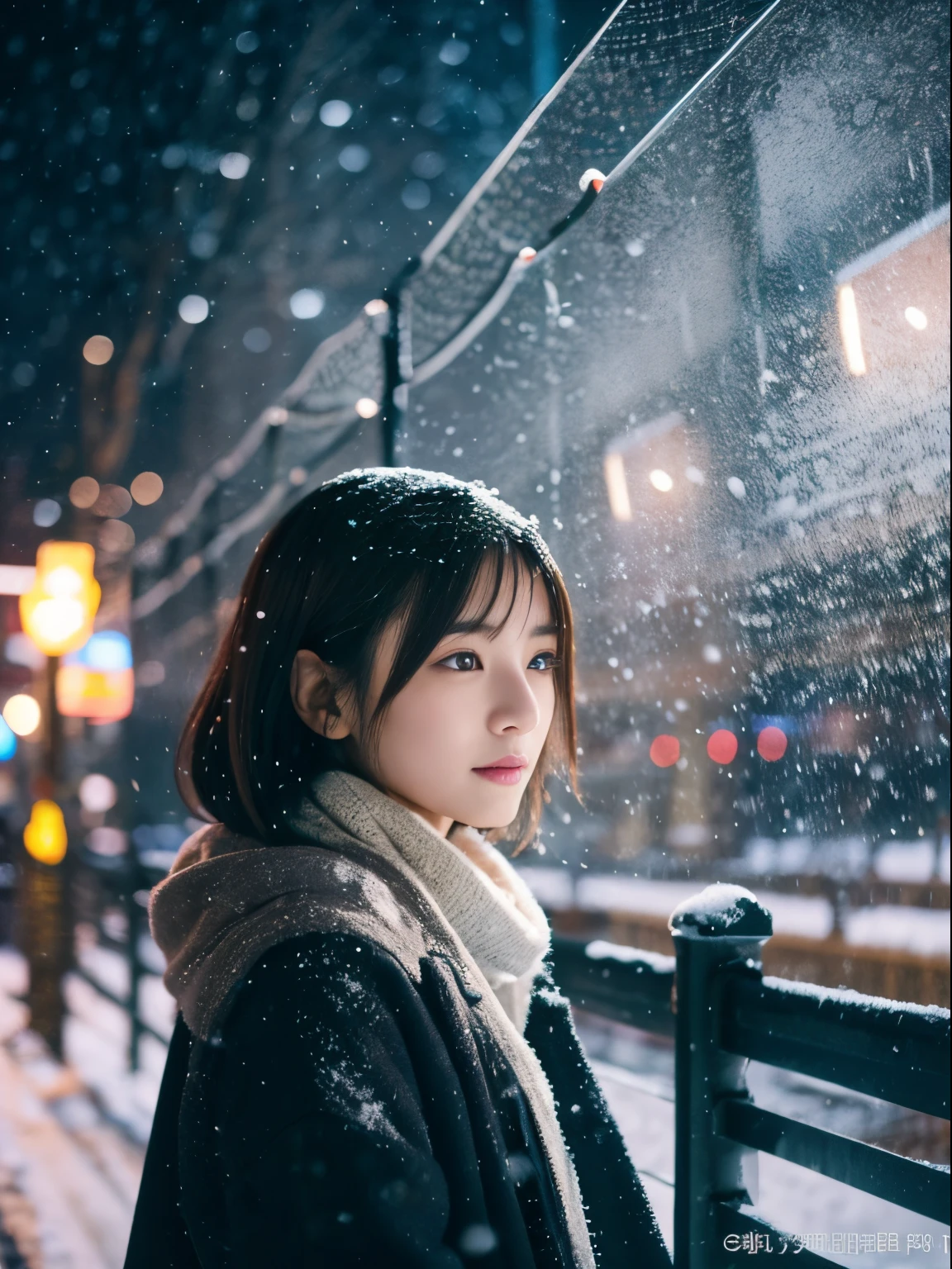 While watching the snow falling quietly. Her introspective and tearful expression、Makes you feel longing for winter nights and melancholy。。。、top-quality、hyper HD、Yoshitomo Nara, Japanese Models, Beautiful Japan wife, With short hair, 27-year-old female model, 4 K ], 4K], 27yo, sakimichan, sakimichan