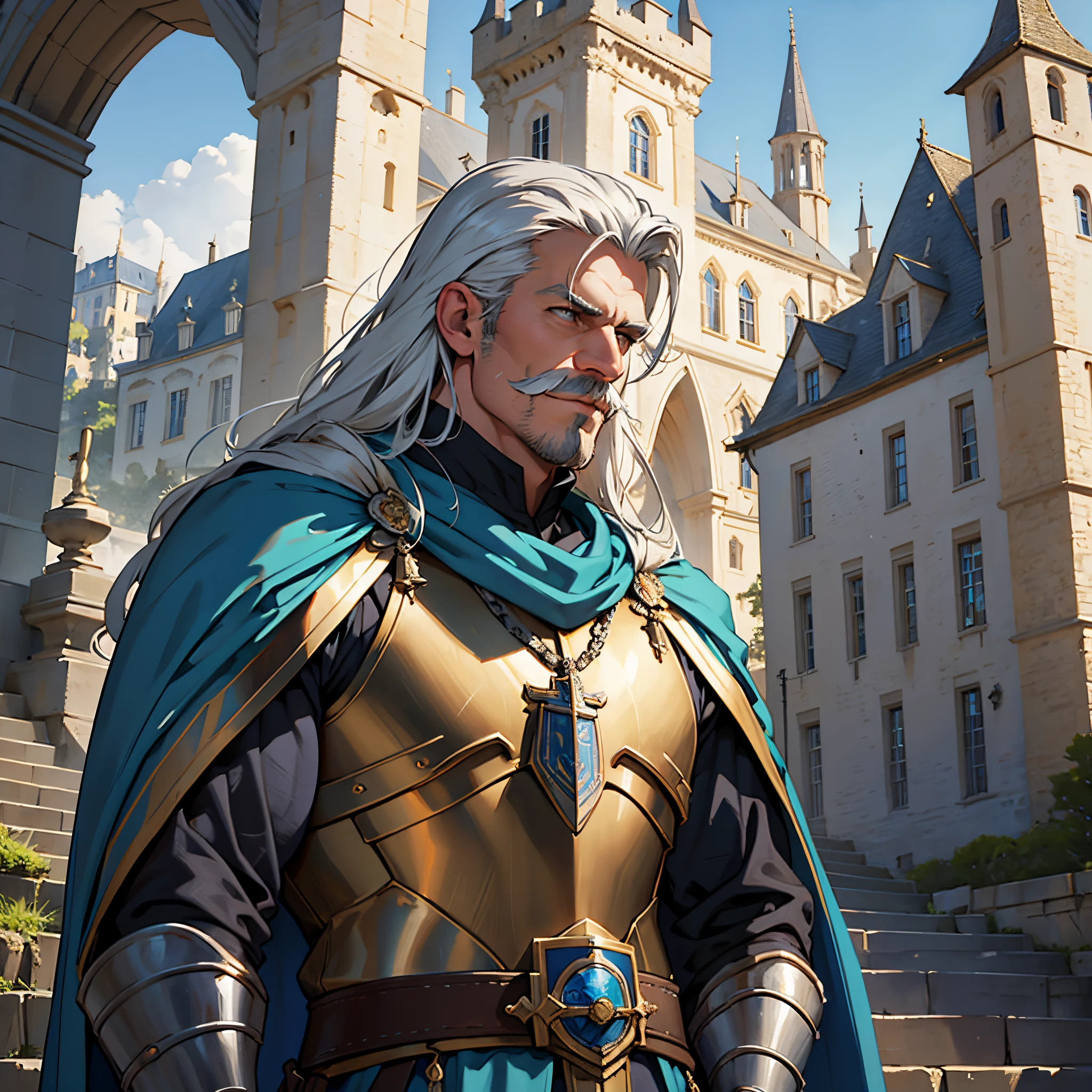 ​masterpiece, Best Quality, 4k, Very detailed, Close-up of a person&#39;Upper body body, Background with:In front of the stairs of a medieval castle built on a lake, knight in golden armor and blue cloak, A middle-aged man with a handsome mustache