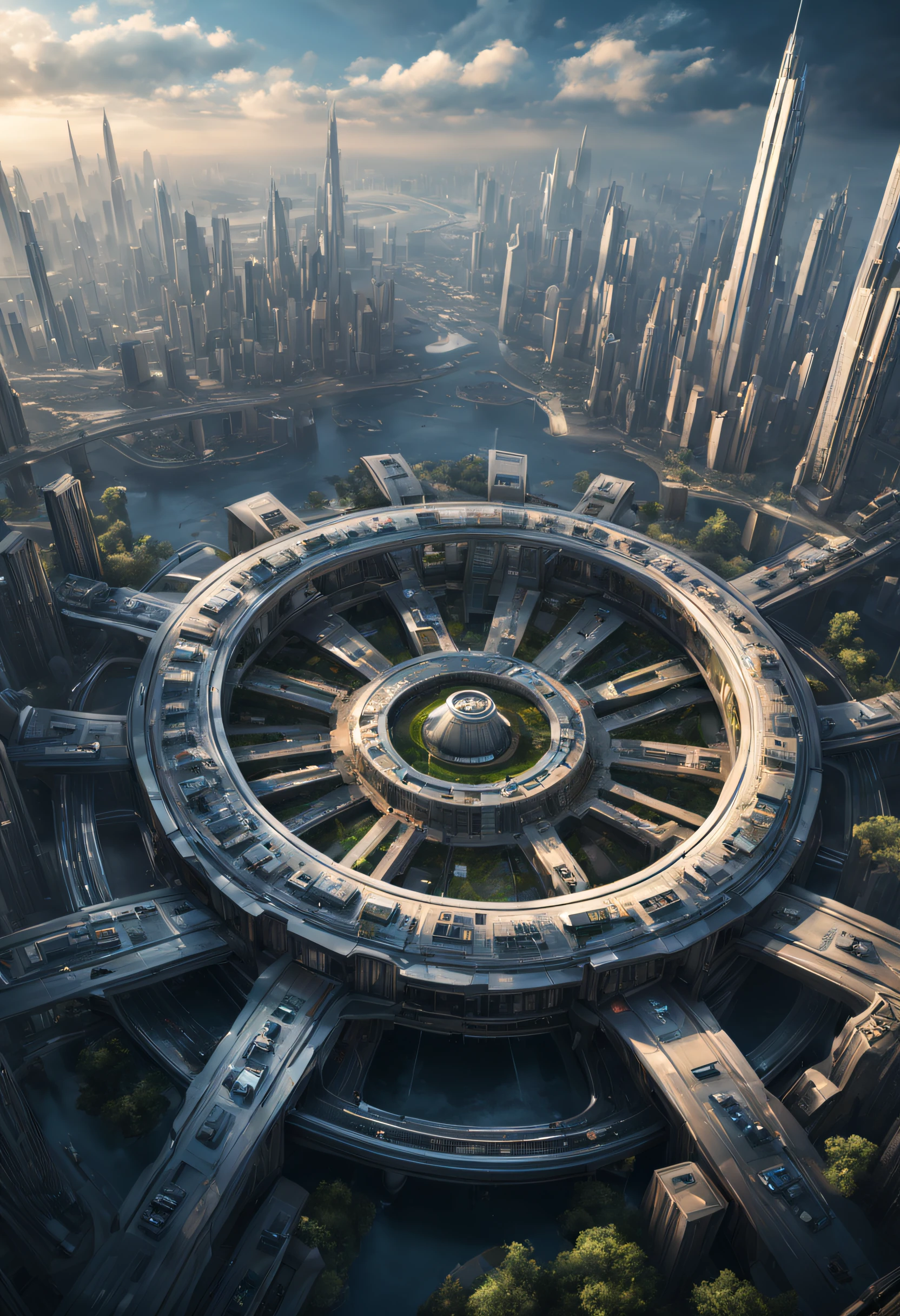 （Design de cena cg muito unificado），Uma futura cidade em forma de anel que circunda a Terra，Estrutura complexa，roda de engrenagem，Liga de titânio，Construção sofisticada，Estruturas ultracomplexas，futura cidade humana，ciência，