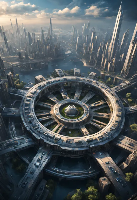 （Very unified cg scene design），A ring-shaped future city that surrounds the Earth，Complex structure，gear wheel，Titanium Alloy，So...