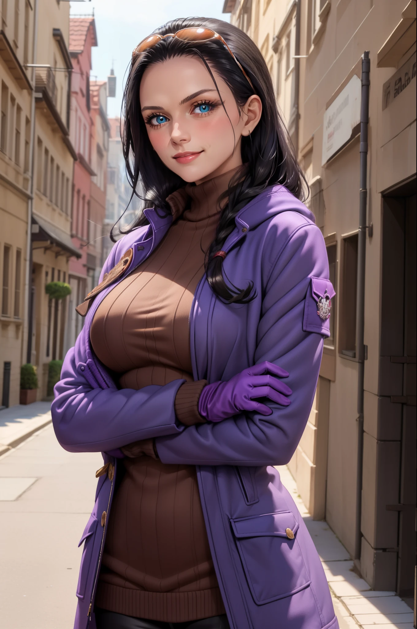 (Masterpiece), 1girl, high quality, best quality, extremely detailed eyes, extremely detailed body, blush, highly detailed, Nico robin, one piece, black hair, blue eyes,  looking at viewer, smile, large breasts, gloves, long sleeves, closed mouth, 1girl, purple jacket, upper body, open clothes, sweater, coat, crossed arms, eyewear on head, brown gloves, ribbed sweater, hair slicked back, purple sweater