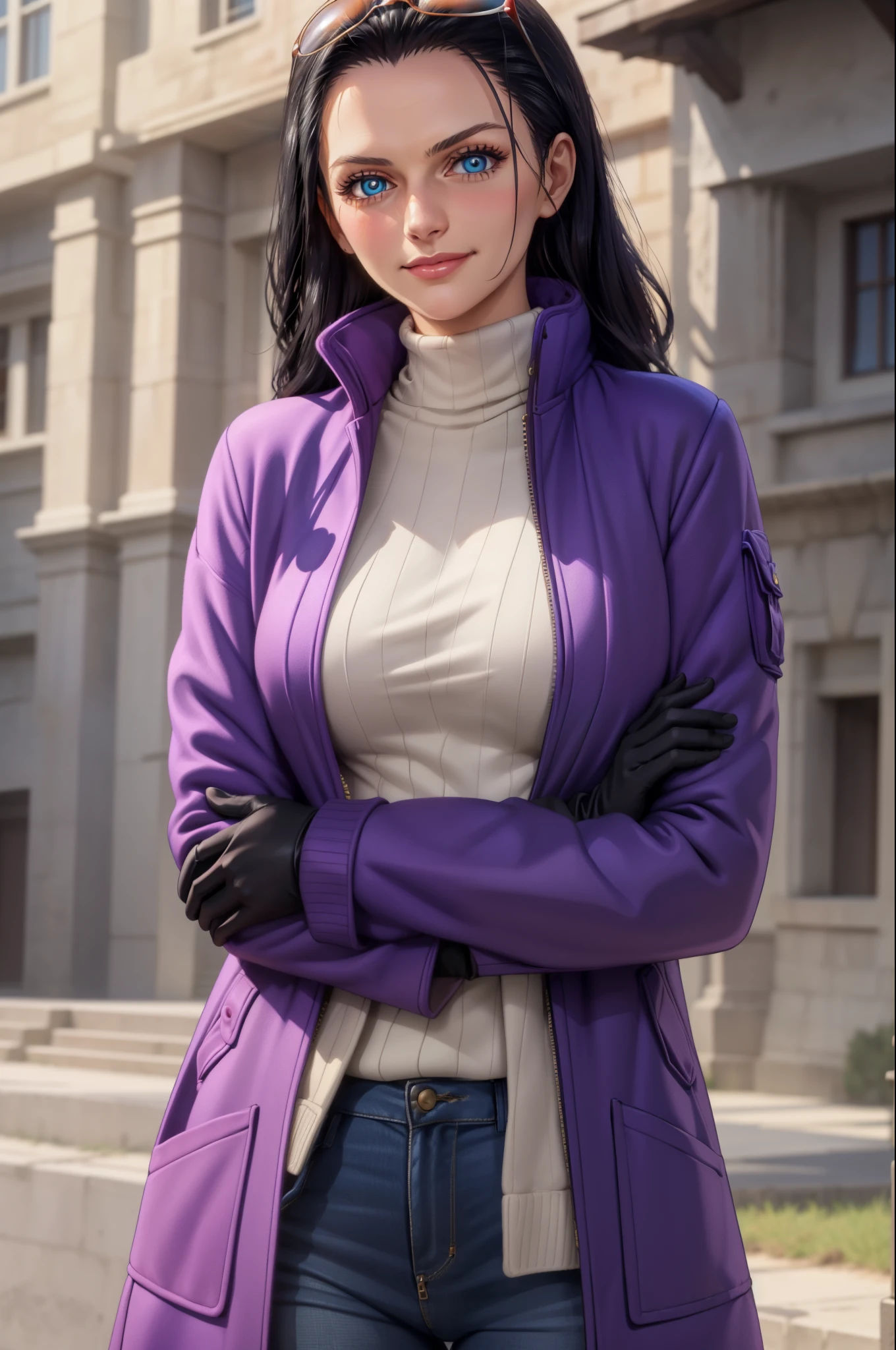 (Masterpiece), 1girl, high quality, best quality, extremely detailed eyes, extremely detailed body, blush, highly detailed, Nico robin, one piece, black hair, blue eyes,  looking at viewer, smile, large breasts, gloves, long sleeves, closed mouth, 1girl, purple jacket, upper body, open clothes, sweater, coat, crossed arms, eyewear on head, brown gloves, ribbed sweater, hair slicked back, purple sweater