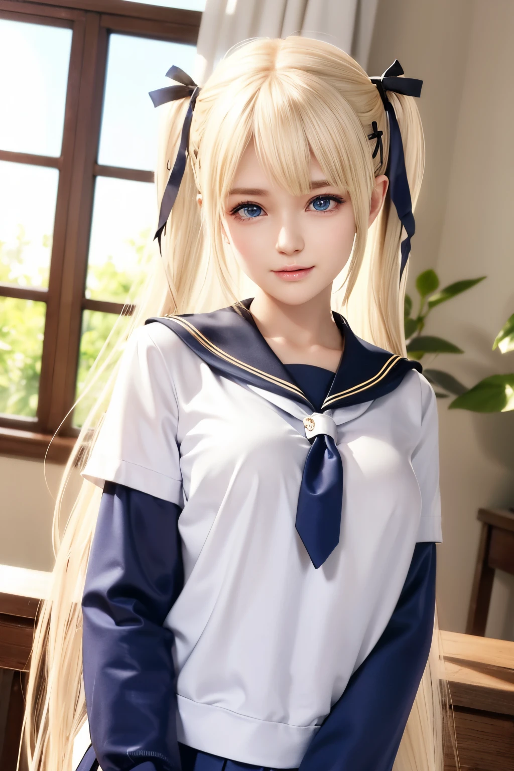 portlate、School Uniforms、bright expression、poneyTail、Young shiny shiny white shiny skin、Best Looks、Blonde reflected light、Platinum blonde hair with dazzling highlights、shiny light hair,、Super long silky straight hair、Beautiful bangs that shine、Glowing crystal clear attractive big blue eyes、Very beautiful nice cute 16 year old girl、Lush bust