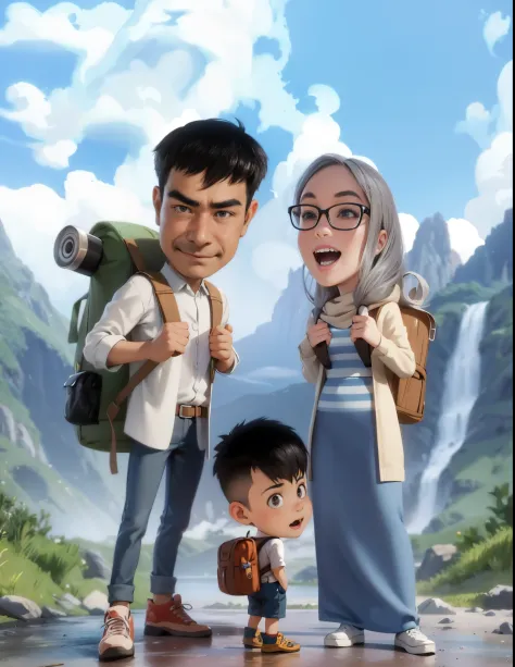 cartoon of a man and woman with backpacks standing next to a boy, 3 d cartoon, an indonesian family portrait, realistic cartoon,...