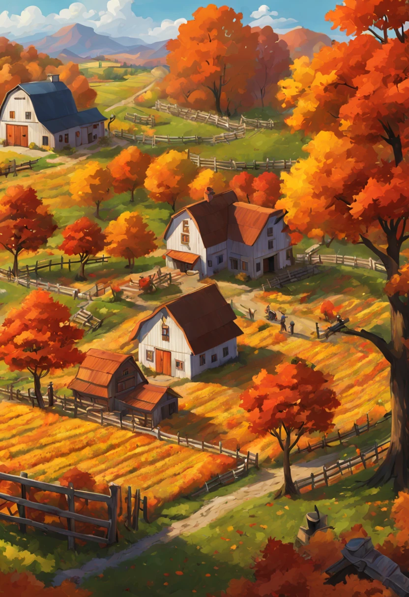 by Don Bluth and Tex Avery, autumn, farm, intricate, (best quality, masterpiece, Representative work, official art, Professional, unity 8k wallpaper:1.3)