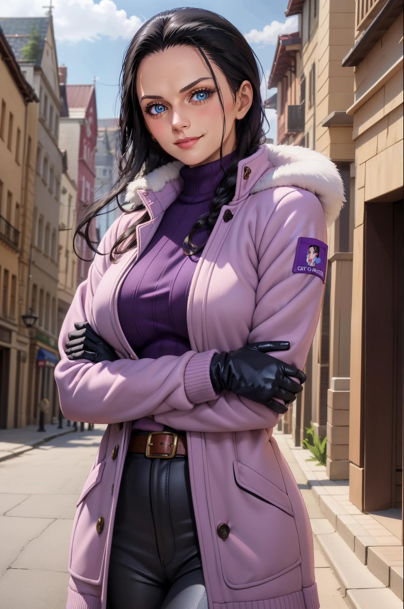 (Masterpiece), 1girl, high quality, best quality, extremely detailed eyes, extremely detailed body, blush, highly detailed, Nico robin, one piece, black hair, blue eyes,  looking at viewer, smile, large breasts, gloves, long sleeves, closed mouth, 1girl, purple jacket, upper body, open clothes, sweater, coat, crossed arms, eyewear on head, brown gloves, ribbed sweater, hair slicked back, purple sweater