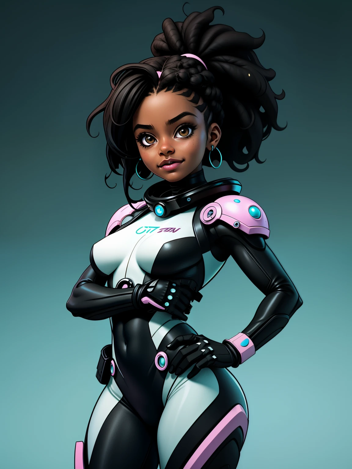 sfw, Masterpiece artwork, best qualityer, ultra detali, fully body: 1.2, ((sfw black girl)), sci-fi suit aberto na front, pose natural de fully body, clear smile, fully body, multicolor hair, wrapped around, Crespo, modern curly, Modern accessories, pastel tone background , colorful and simple