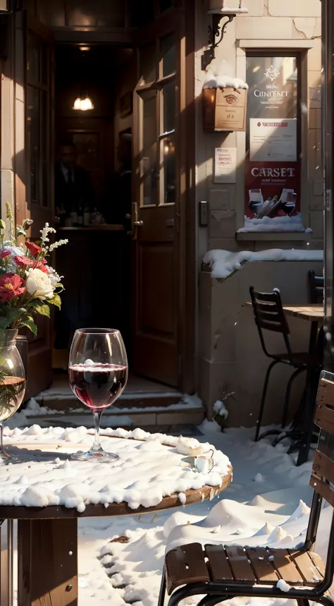 Close-up of the scene，scene capture，tmasterpiece，Corner cafe entrance，Several tables，A few chairs，(( a wine glass on the table ))，claret，coffee mug，During the day，Street side，Winter sun，Winters，There is snow，Snowman on the roadside，c4d，Empty product displa...