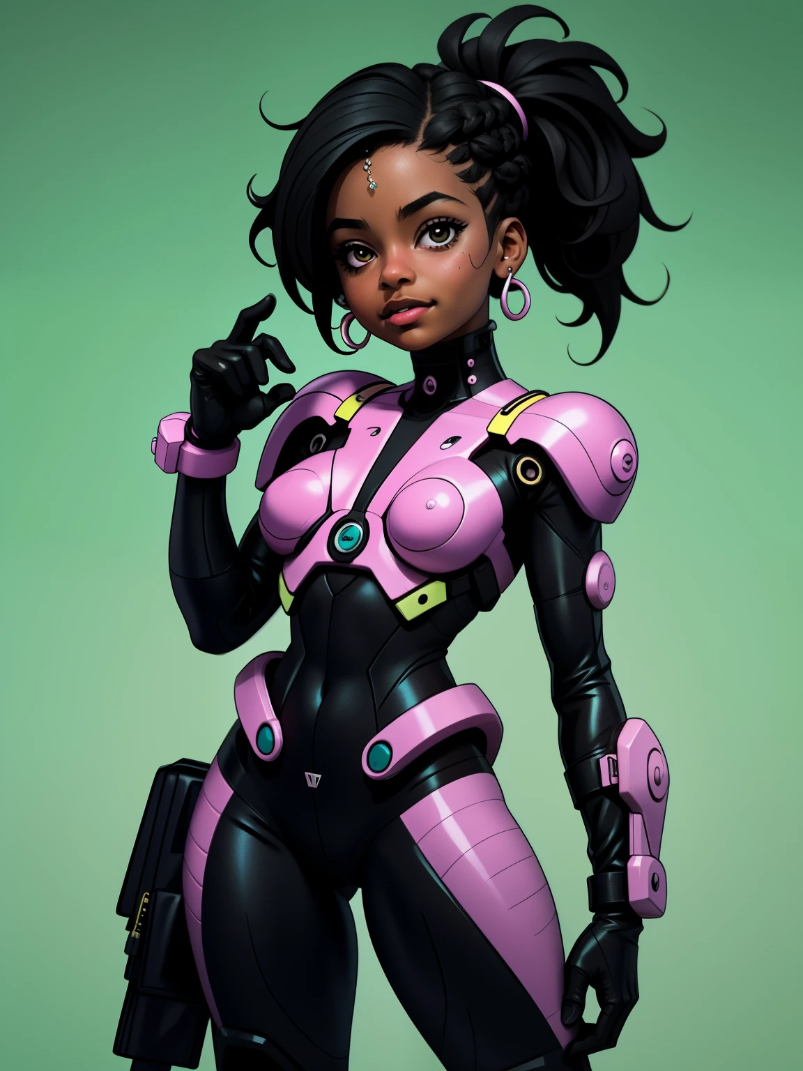 sfw, Masterpiece artwork, best qualityer, ultra detali, fully body: 1.2, ((sfw black girl)), sci-fi suit aberto na front, pose natural de fully body, clear smile, fully body, multicolor hair, wrapped around, Crespo, modern curly, Modern accessories, pastel tone background , colorful and simple