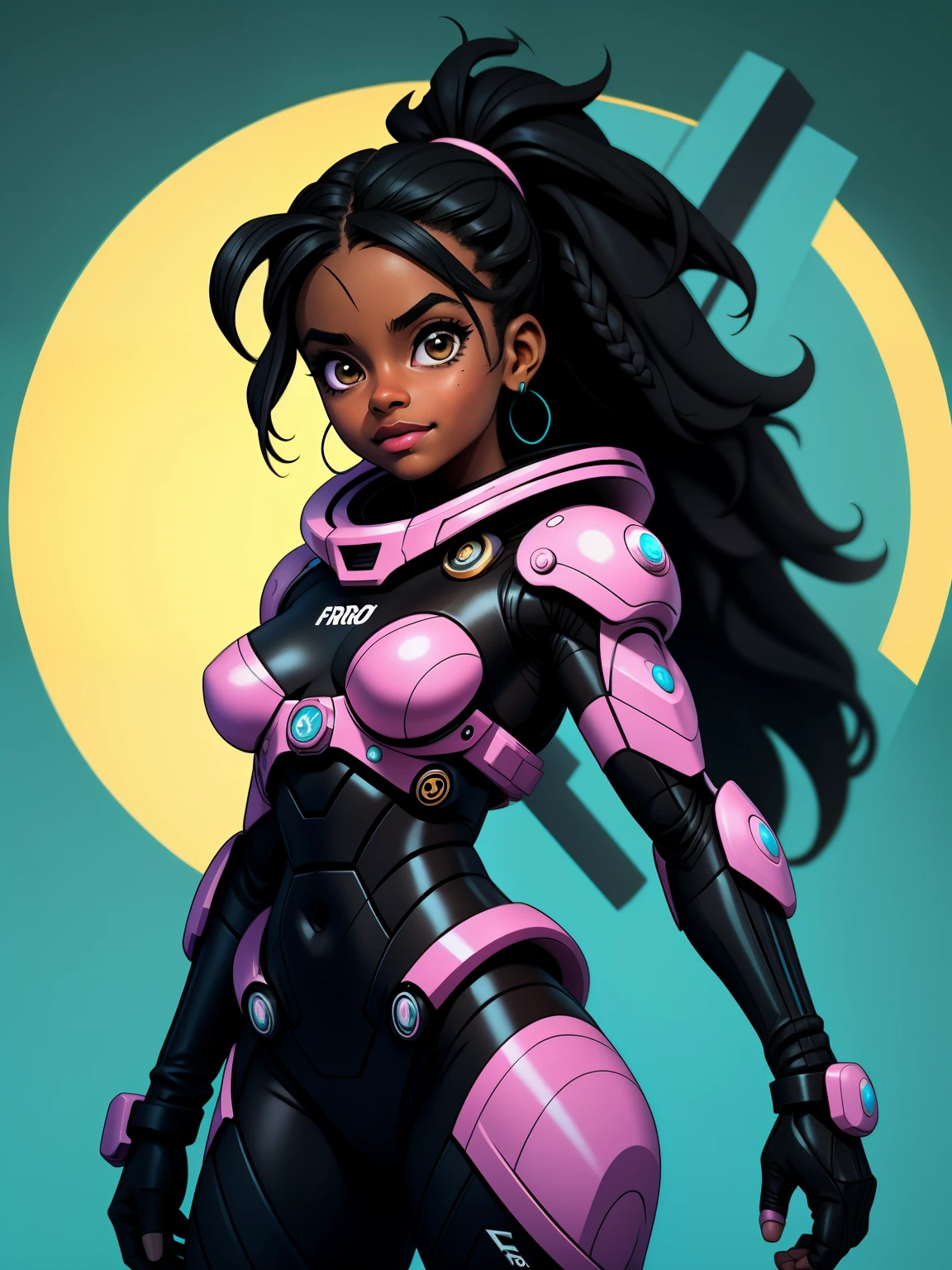 sfw, Masterpiece artwork, best qualityer, ultra detali, fully body: 1.2, ((sfw black girl)), sci-fi suit aberto na front, pose natural de fully body, clear smile, fully body, multicolor hair, wrapped around, Crespo, modern curly, Modern accessories, pastel tone background , colorful and simple