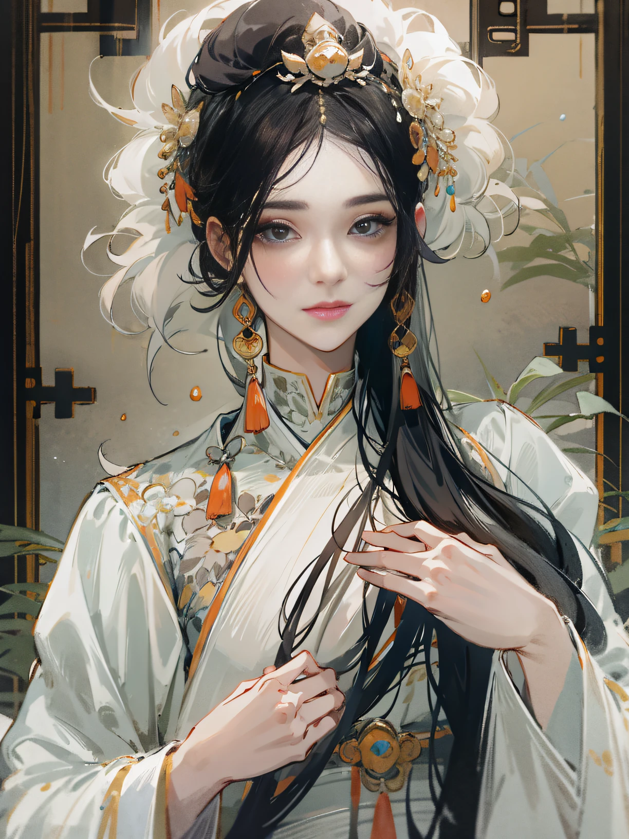 Beautiful woman in white），Flowing sleeves，Big watery eyes and long eyelashes，Beautiful face and smooth fair skin，delicated face，flowing dark hair，ancient chinese beauti，Wearing ancient Chinese costumes，Flowing tulle，light toned，light toned，（clean backdrop），Ink painting style，clean color，Decisive cuts，the space，unarmed，tmasterpiece， Super refined，Epic work，high high quality，Best quality，4K， Rendering a glow，bright contrasting colors