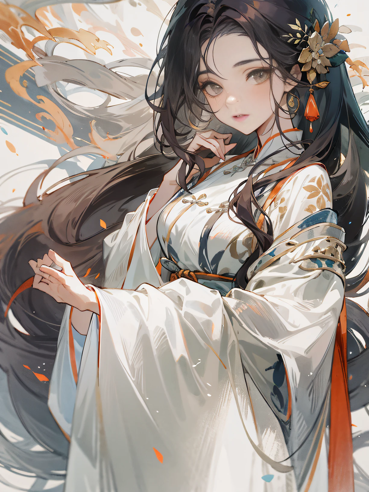 Beautiful woman in white），Flowing sleeves，Big watery eyes and long eyelashes，Beautiful face and smooth fair skin，delicated face，flowing dark hair，ancient chinese beauti，Wearing ancient Chinese costumes，Flowing tulle，light toned，light toned，（clean backdrop），Ink painting style，clean color，Decisive cuts，the space，unarmed，tmasterpiece， Super refined，Epic work，high high quality，Best quality at best，4K， Rendering a glow，Bright contrasting colors mission accomplished