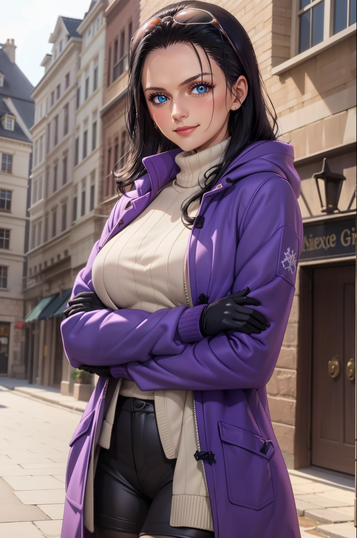 (Masterpiece), 1girl, high quality, best quality, extremely detailed eyes, extremely detailed body, blush, highly detailed, Nico robin, one piece, black hair, blue eyes,  looking at viewer, smile, large breasts, gloves, long sleeves, closed mouth, 1girl, purple jacket, upper body, open clothes, sweater, coat, crossed arms, eyewear on head, brown gloves, ribbed sweater, hair slicked back, purple sweater