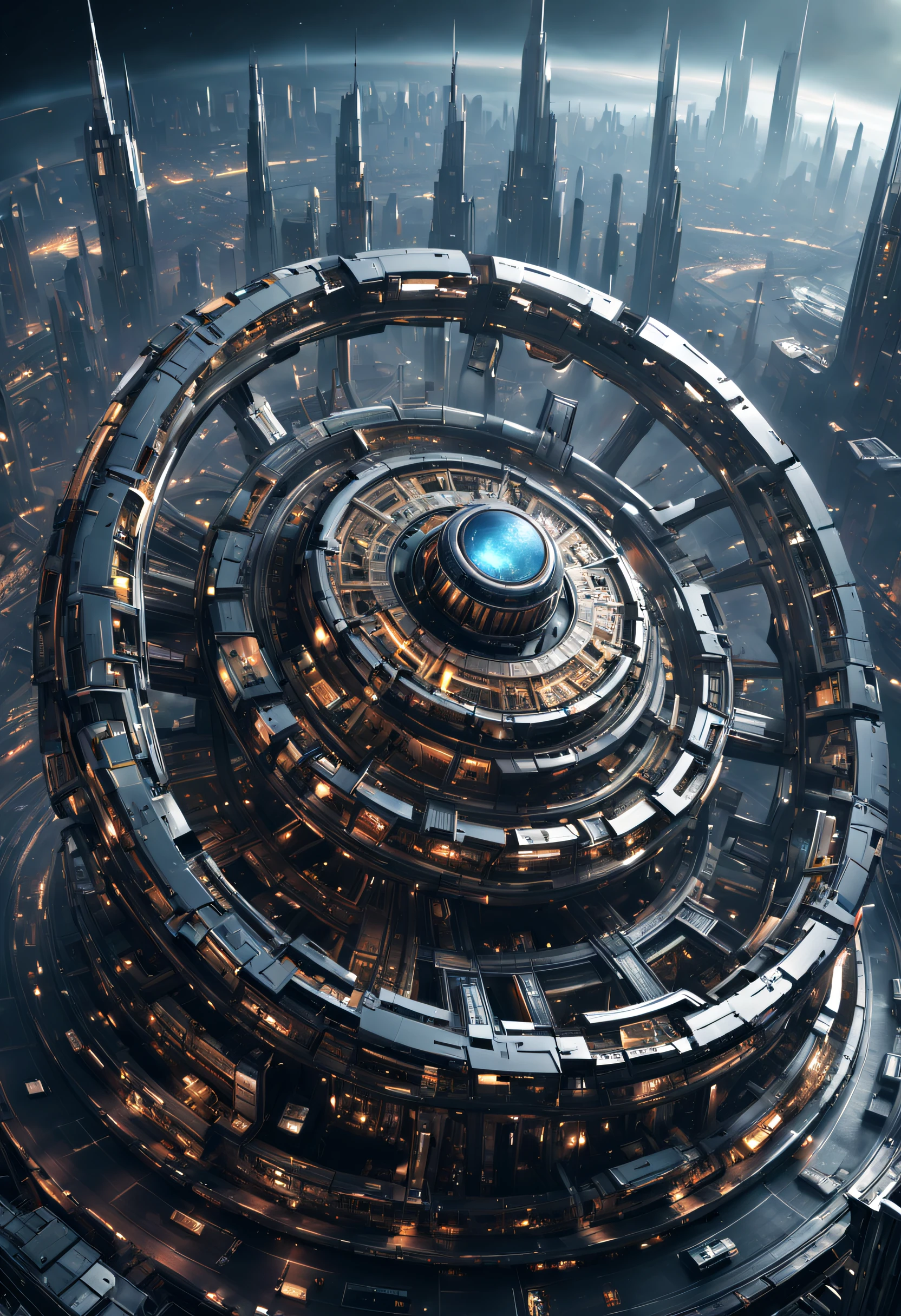 （Very unified cg scene design），（A ring-shaped future city suspended in the universe），（Neatly arranged future technology houses in the ring）Complex structure，Complex gears，The texture is clear，Intricate patterns，glyphic，Titanium Alloy，Sophisticated construction，Ultra-complex structures，future human city，sci-fy，cyber punk personage，