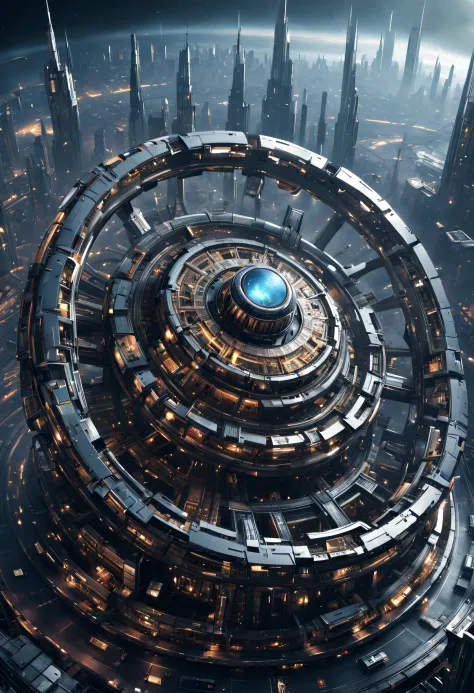 （Very unified cg scene design），（A ring-shaped future city suspended in the universe），（Neatly arranged future technology houses in the ring）Complex structure，Complex gears，The texture is clear，Intricate patterns，glyphic，Titanium Alloy，Sophisticated construc...
