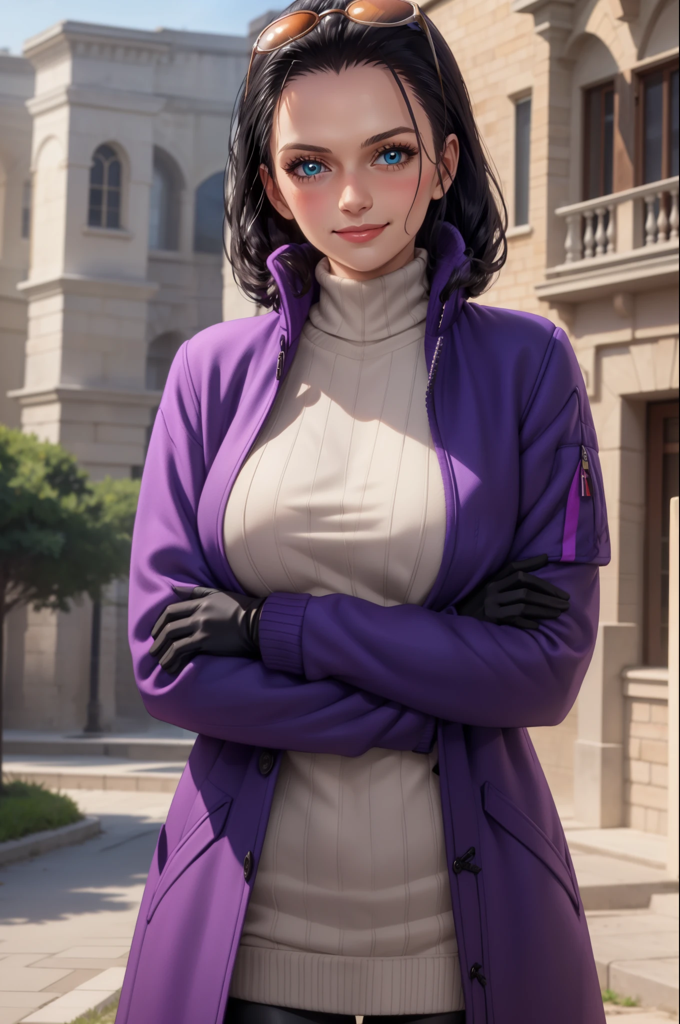 (Masterpiece), 1girl, high quality, best quality, extremely detailed eyes, extremely detailed body, blush, highly detailed, Nico robin, one piece, black hair, blue eyes,  looking at viewer, smile, large breasts, gloves, long sleeves, closed mouth, 1girl, purple jacket, upper body, open clothes, sweater, coat, crossed arms, eyewear on head, brown gloves, ribbed sweater, hair slicked back, purple sweater