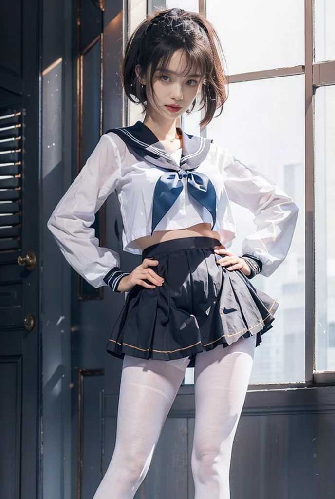 Student Clothing，a sailor suit，White ass pantyhose，White stockings，Thick white pantyhose，Thick white dancing socks，without wearing shoes，huge tit，Cocked buttocks，Super detail，hyper HD,A high resolution,1080p,Anatomically correct，ccurate，Physical coordination，Photo portrait，slender thigh，Delicatemakeup，Best quality, Masterpiece, 超A high resolution, RAW photo, Beautiful and aesthetic,deepshadow, (Photorealistic:1.4), full-body composition, Striking perspective.Naked