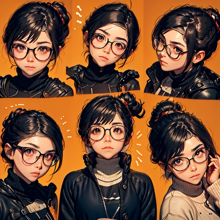 One woman, 9 facial expressions, 9 poses, Japan people in their 20s, symmetrical beauty, Small face, sharp outline, A darK-haired, Short Bob Hair, Curly hair, Hair has strong waves, With bangs, thick eyebrow, double eyelid, drooing eyes, Small nose, Thicker lips, (Rimless glasses, Small glasses, glasses for women), Wheat-toned skin, H Cup, directly in front of the camera, looking directly at the viewer, Looking at the camera.