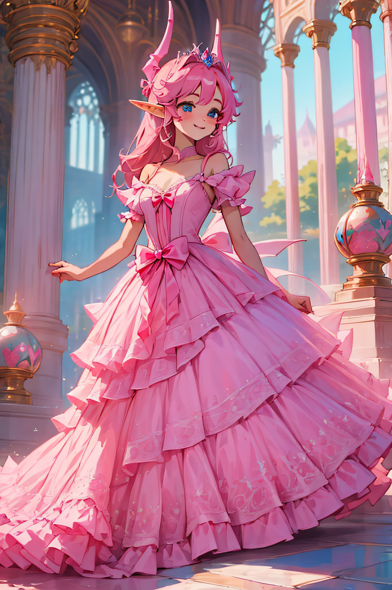 Anime elf girl, With battle horns on head, Princess, Light pink dress, Standing in palace, pink hair, blue eyes, 4k, ultra hight quality, perfect body, cute face, Smiling,